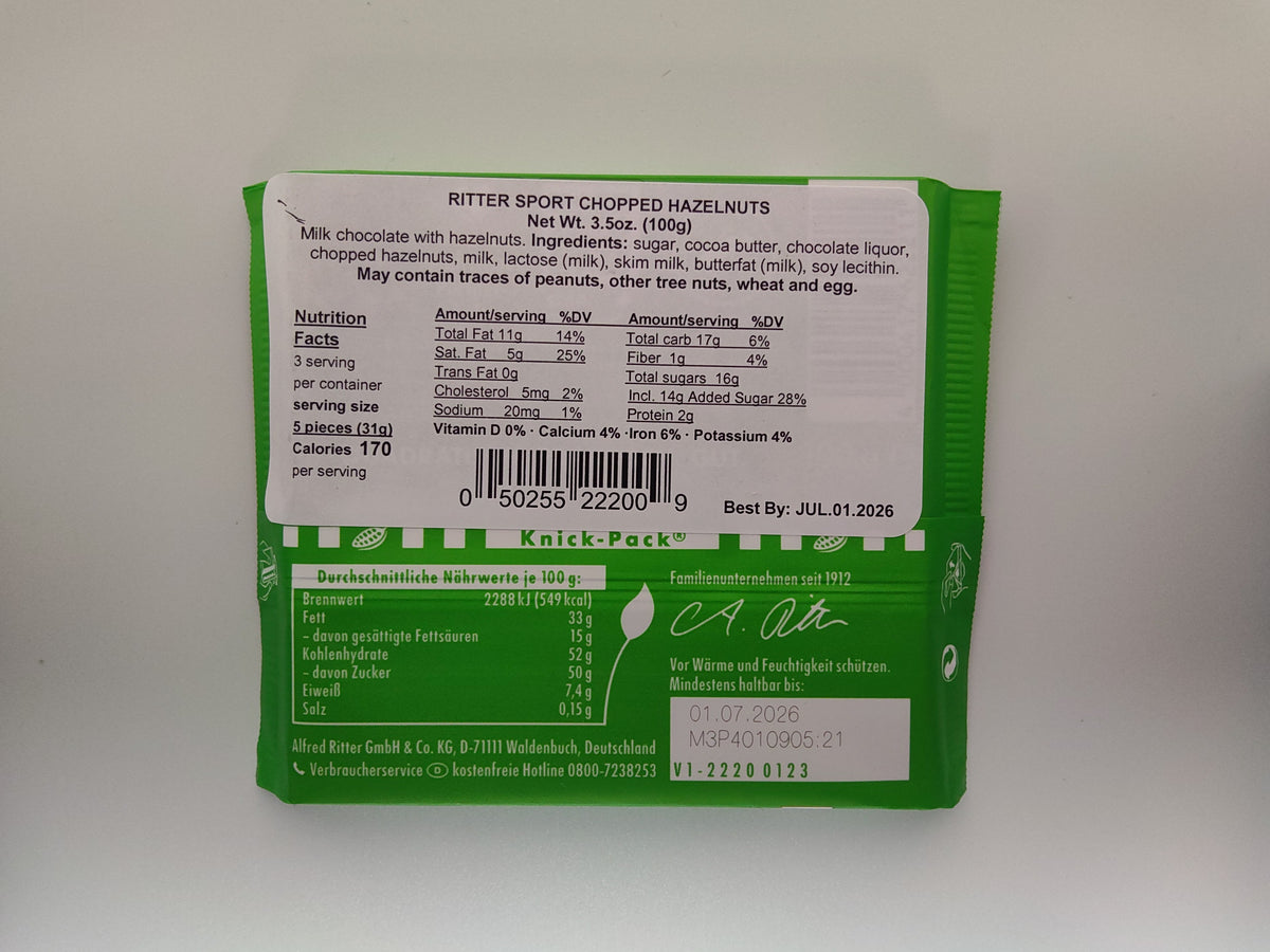 Ritter Sport Chopped Hazelnuts, 3.5 oz (100 g)