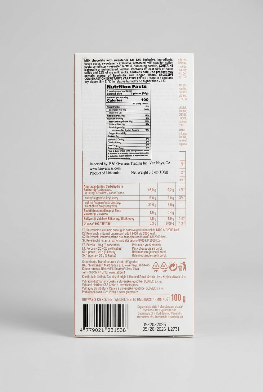 Taitau Exclusive Milk Chocolate No Added Sugar, 3.5 oz (100g)