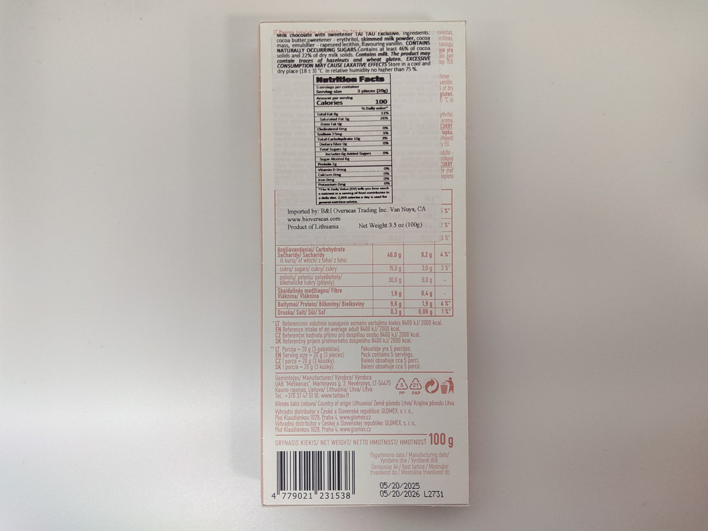 Taitau Exclusive Milk Chocolate No Added Sugar, 3.5 oz (100g)