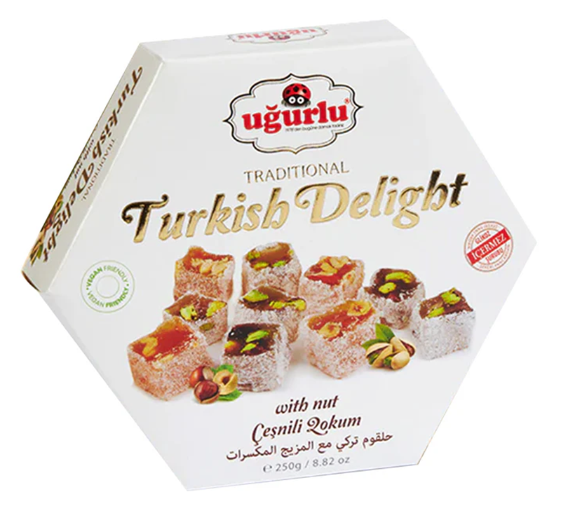 Ugurlu Mixed Nut Lokum, Hexagonal Box, 8.8 oz (250g)
