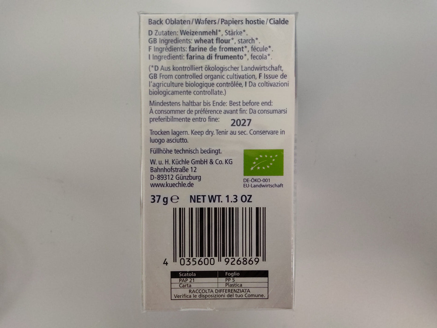 Küchle Bio Back Oblaten Baking Wafers, 1.3 oz (37g)