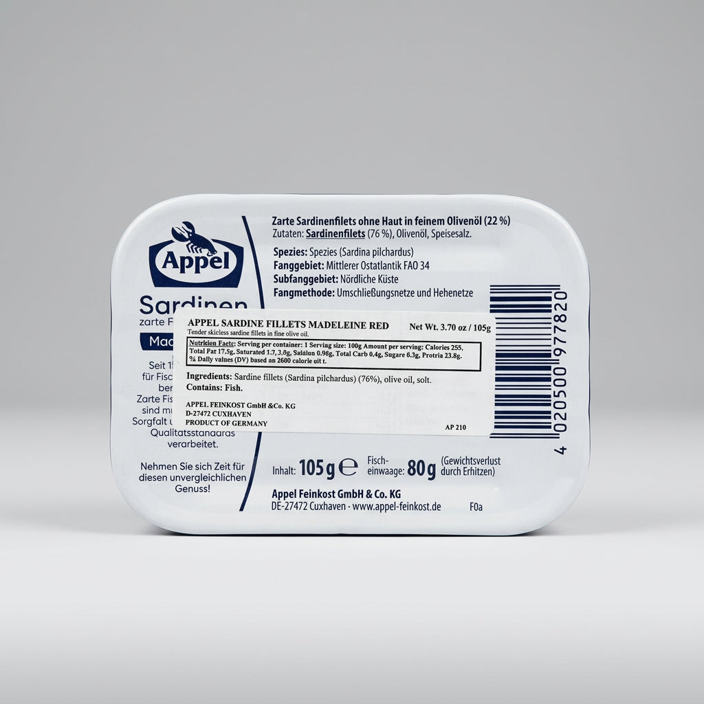Appel Sardine Fillets / Sardinenfilets Madeleine Red, 3.70 oz (105g) — back of tin with ingredients and net weight
