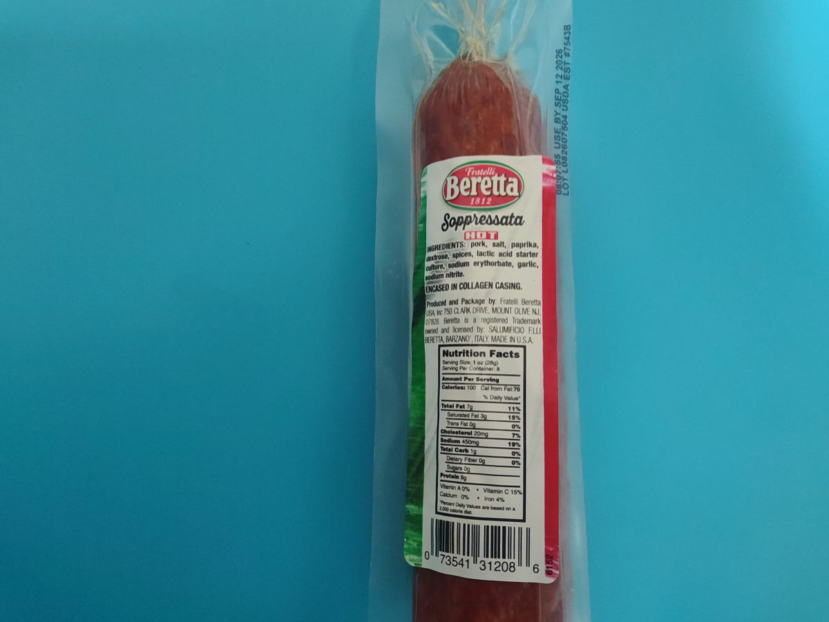 Fratelli Beretta Soppressata Hot, 8 oz (225g) — back of pack with ingredients and nutrition