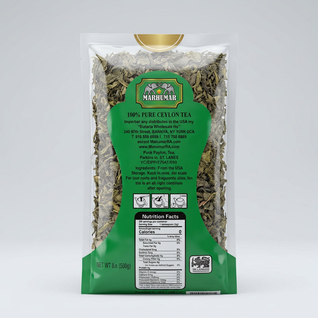 Marhumar 100% Pure Ceylon Large Leaf Green Tea, 1.1 lb (500g) — back of pack