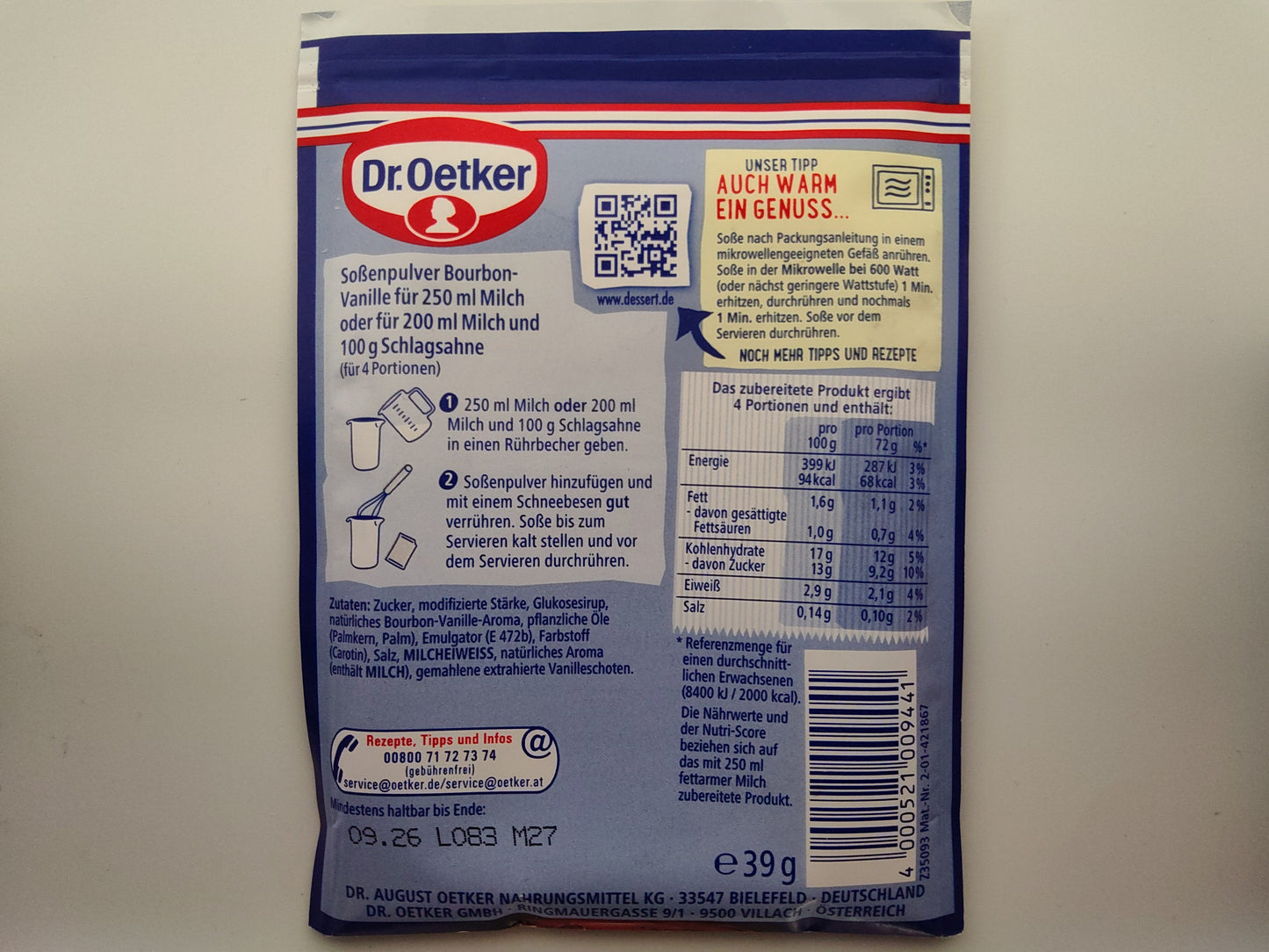Dr. Oetker Bourbon Vanilla Dessert Sauce (No-Cook), 1.4 oz (40g)