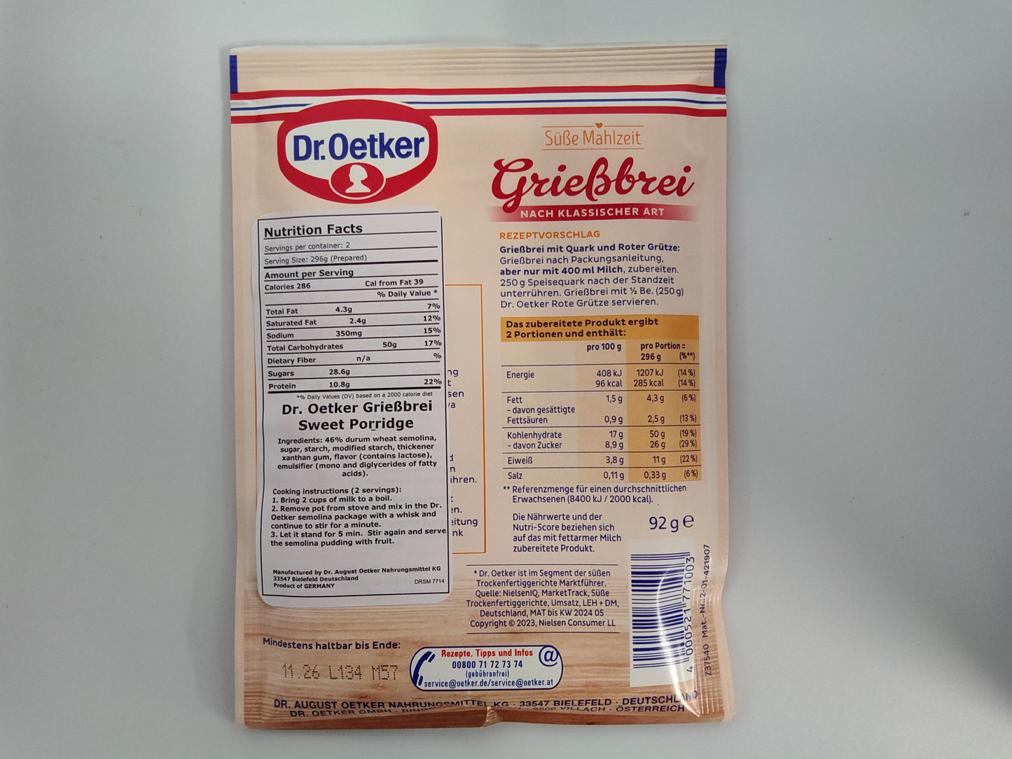 Dr. Oetker Grießbrei Instant Semolina Pudding, 6.3 oz (180g)
