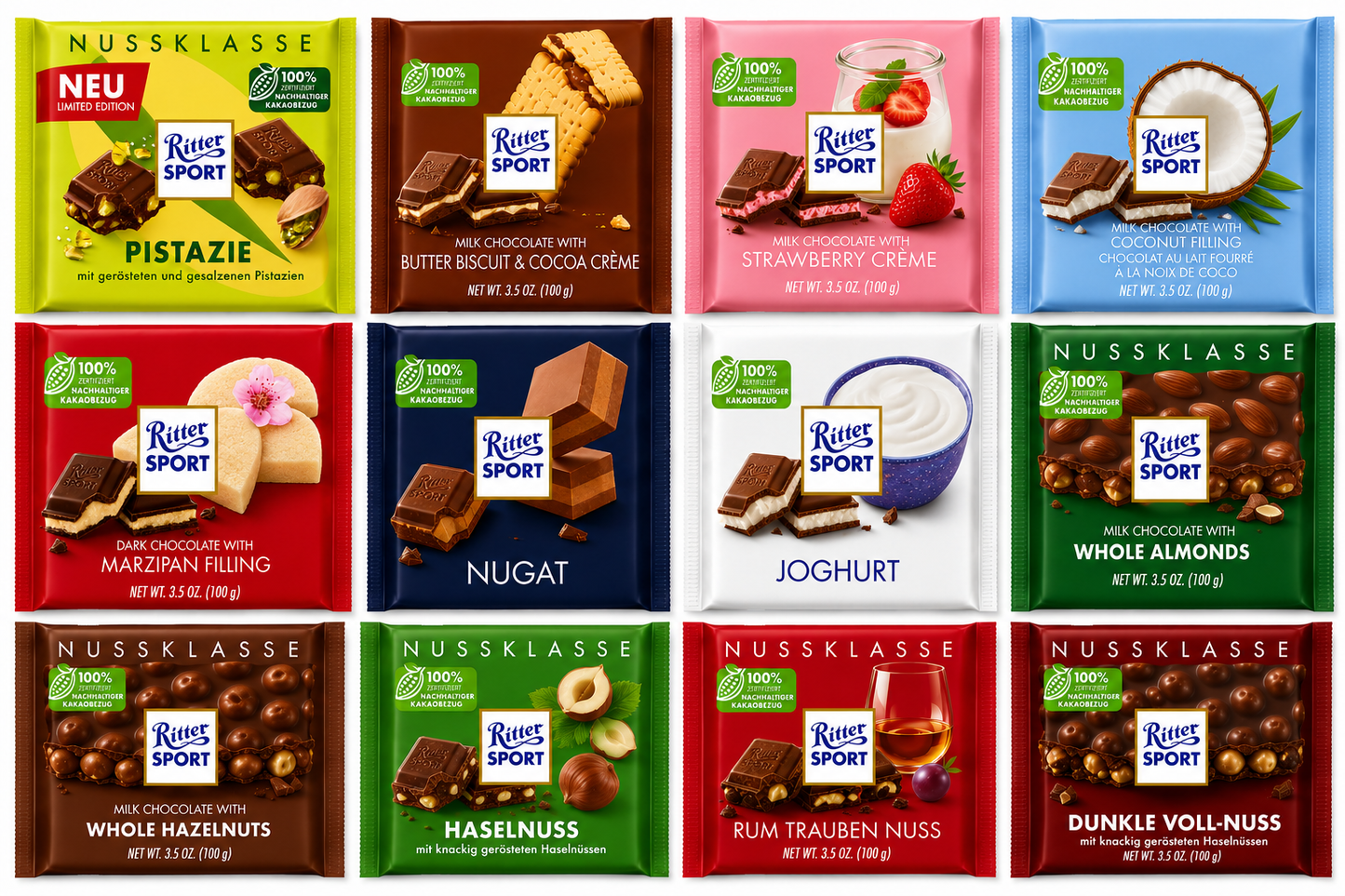 Ritter Sport Chocolate Bar, 3.5 oz (100g)