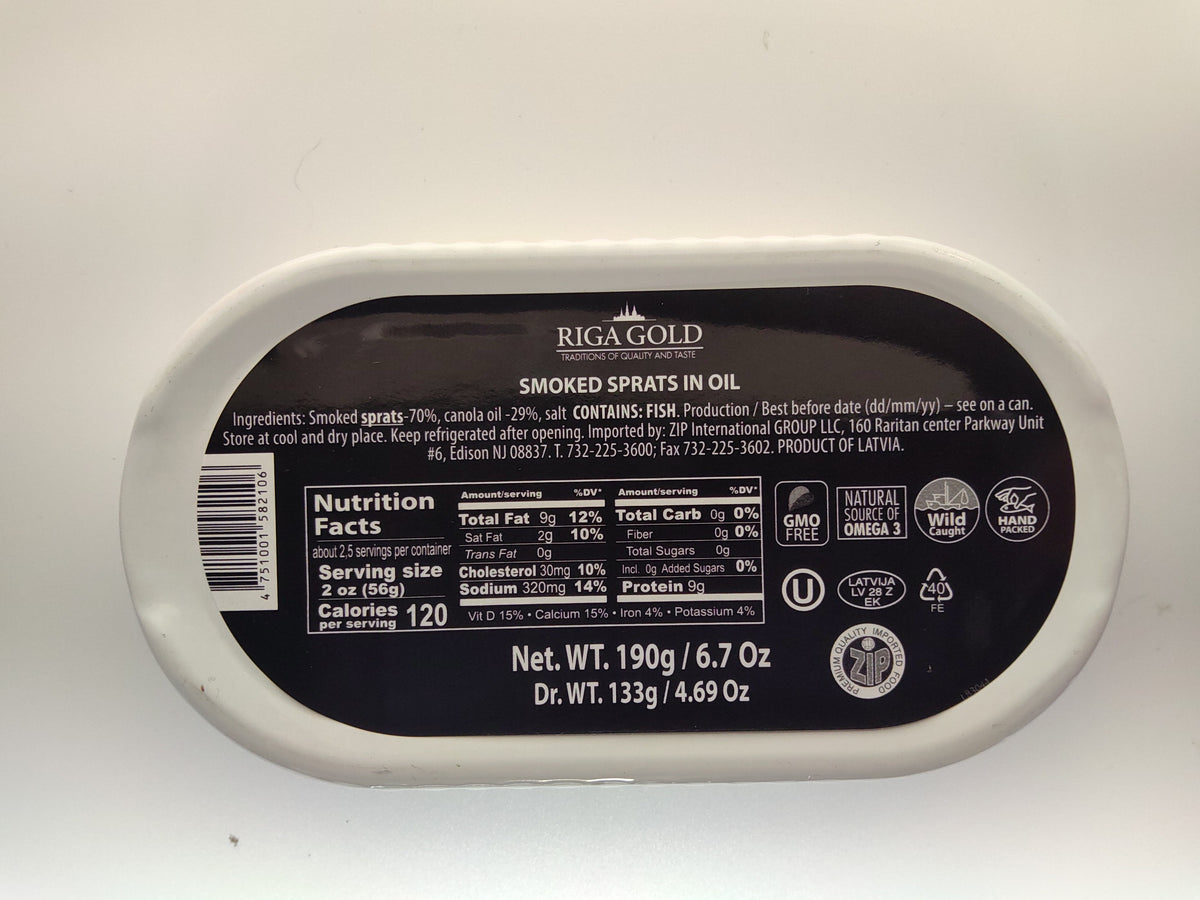 Riga Gold Smoked Sprats in Oil, Oval Tin, 8.8 oz (250g) — back of tin