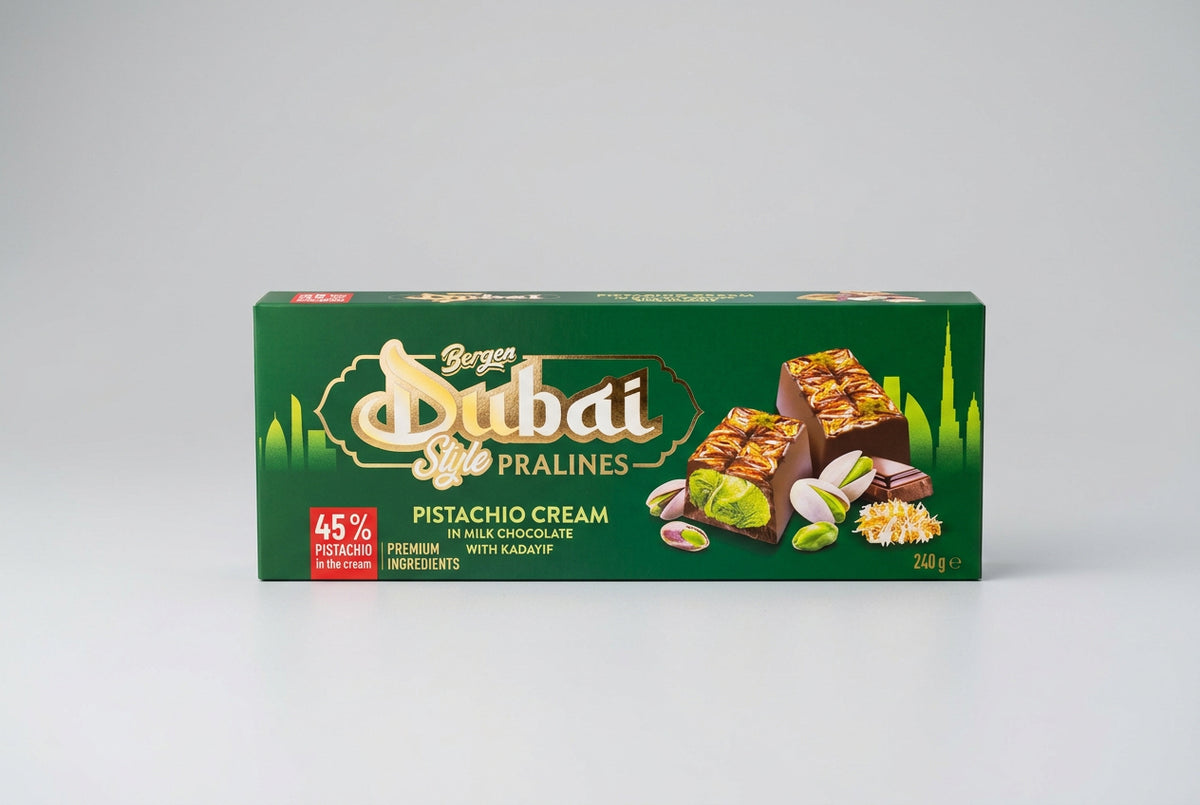 Bergen Dubai-Style Pistachio Cream Pralines – Milk Chocolate with Kadayif (240g)