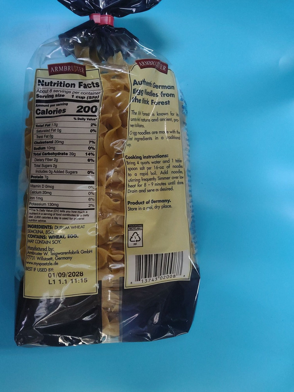 Armbruster Black Forest Extra Broad Noodles, 16.0 oz (454g) — nutrition and cooking instructions