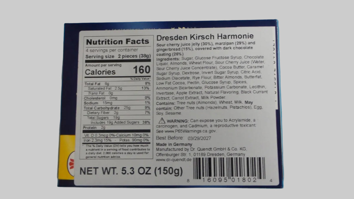 Dr. Quendt Dresdner Kirsch Harmonie, back of box with nutrition and barcode