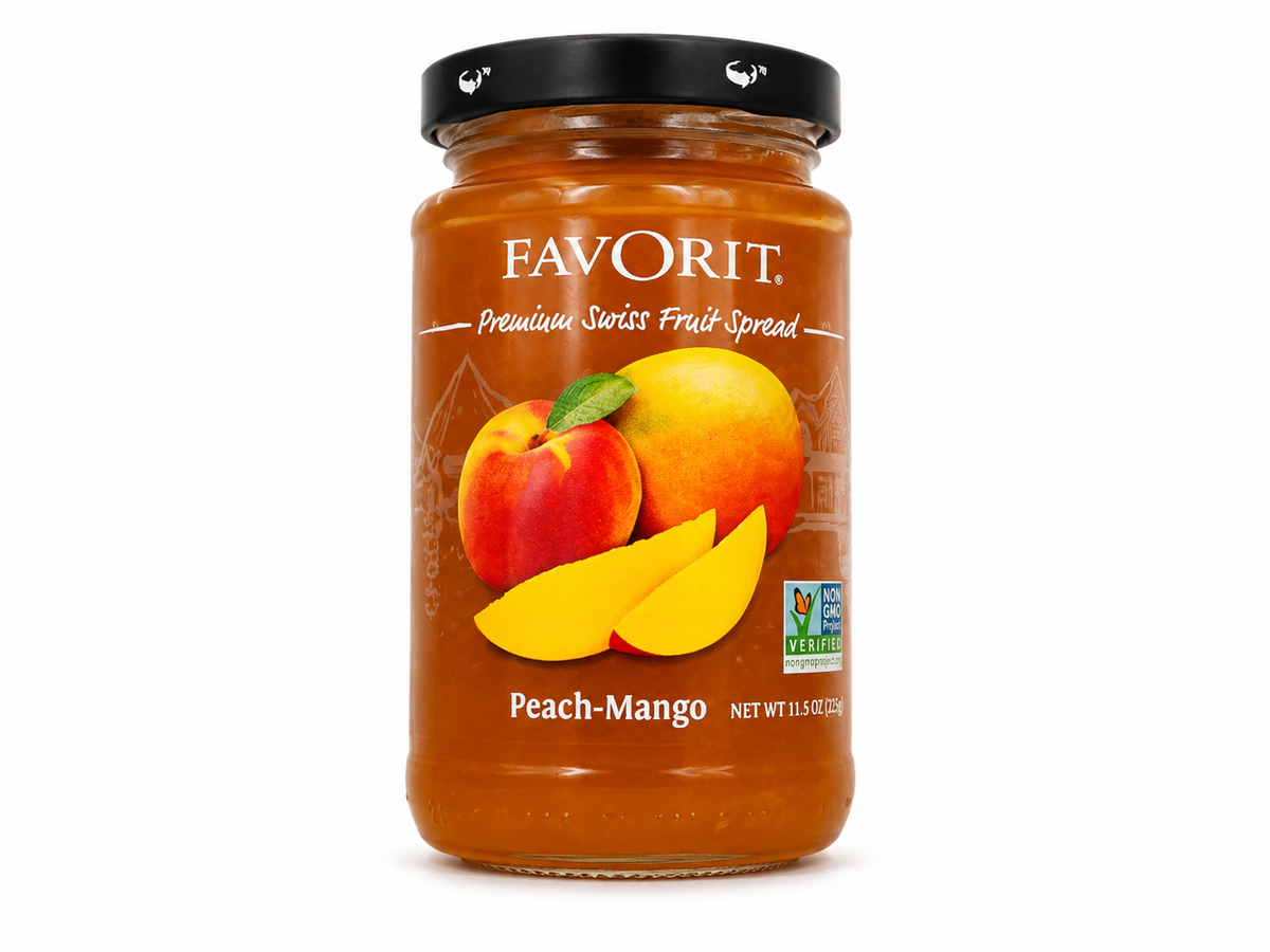 Favorit Peach–Mango Premium Swiss Fruit Spread – 12.3 oz