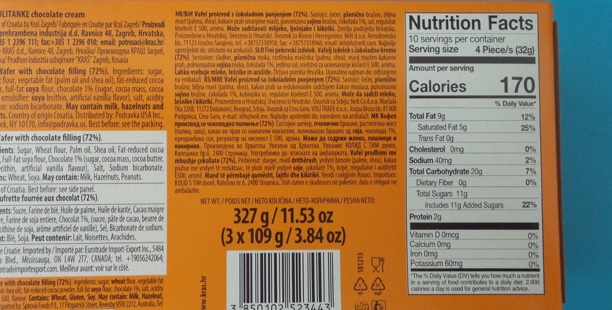 Kras Napolitanke chocolate cream, back of pack