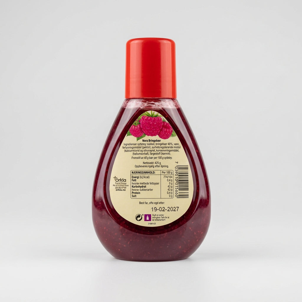 Nora Bringebaer raspberry jam, back label with nutrition and barcode