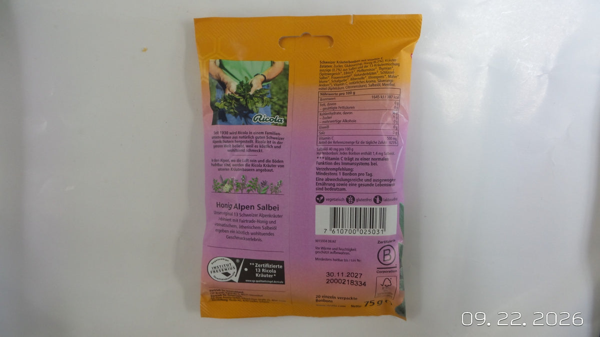 Ricola Honey Alpine Sage / Honig-Alpensalbei, 2.65 oz (75g) — back
