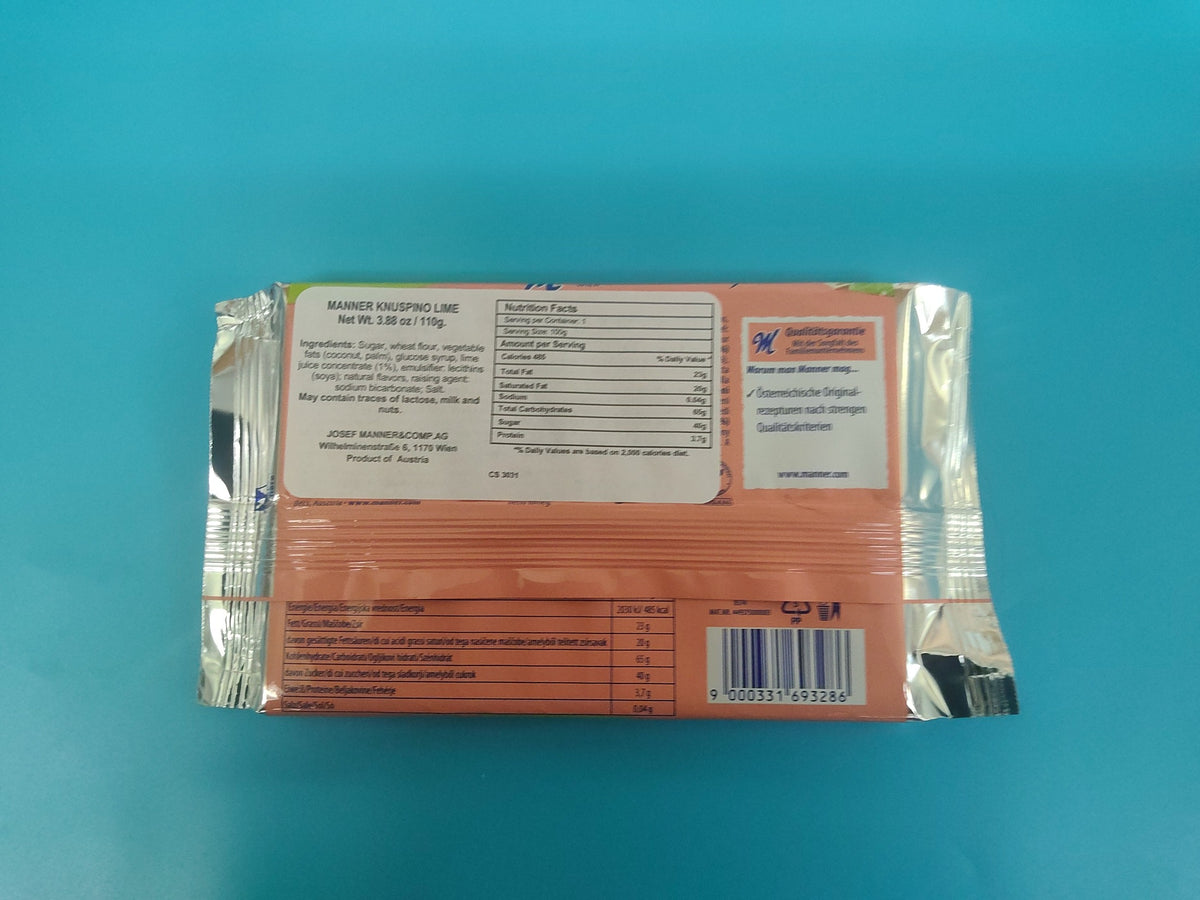 Manner Knuspino Lime / Limette Wafers, 3.88 oz (110g) — back of pack