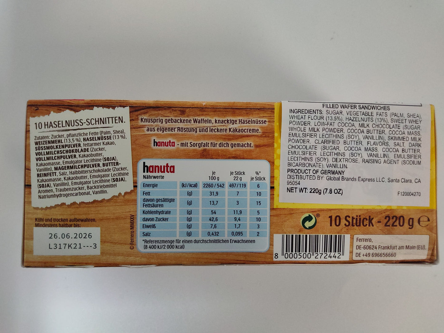 Ferrero Hanuta Hazelnut Wafer, 7.8 oz (220g)