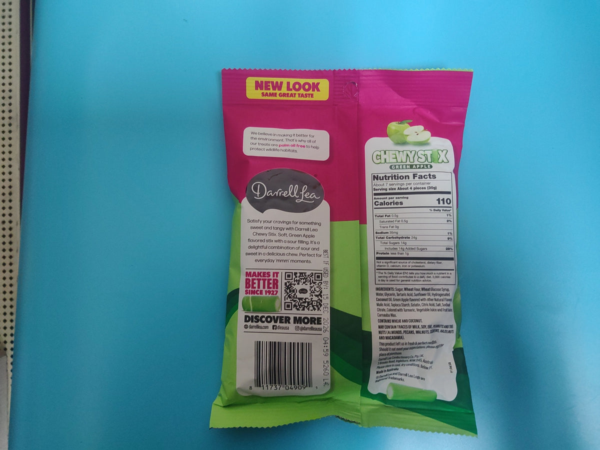 Darrell Lea Chewy Stix Green Apple Sour Gummy Candy, 7.05 oz (200g) — back