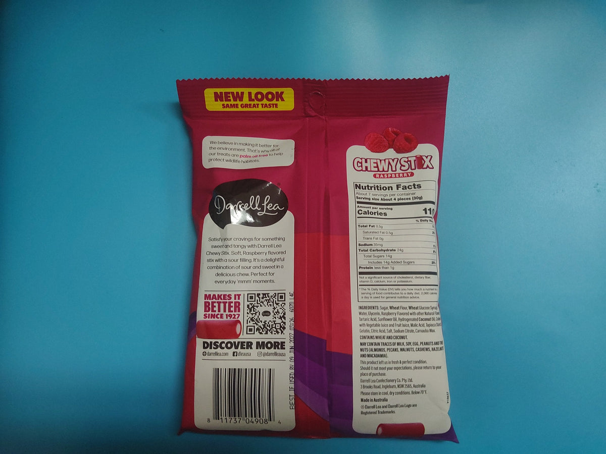 Darrell Lea Chewy Stix Raspberry Sour Gummy Candy, 7.05 oz (200g) — back