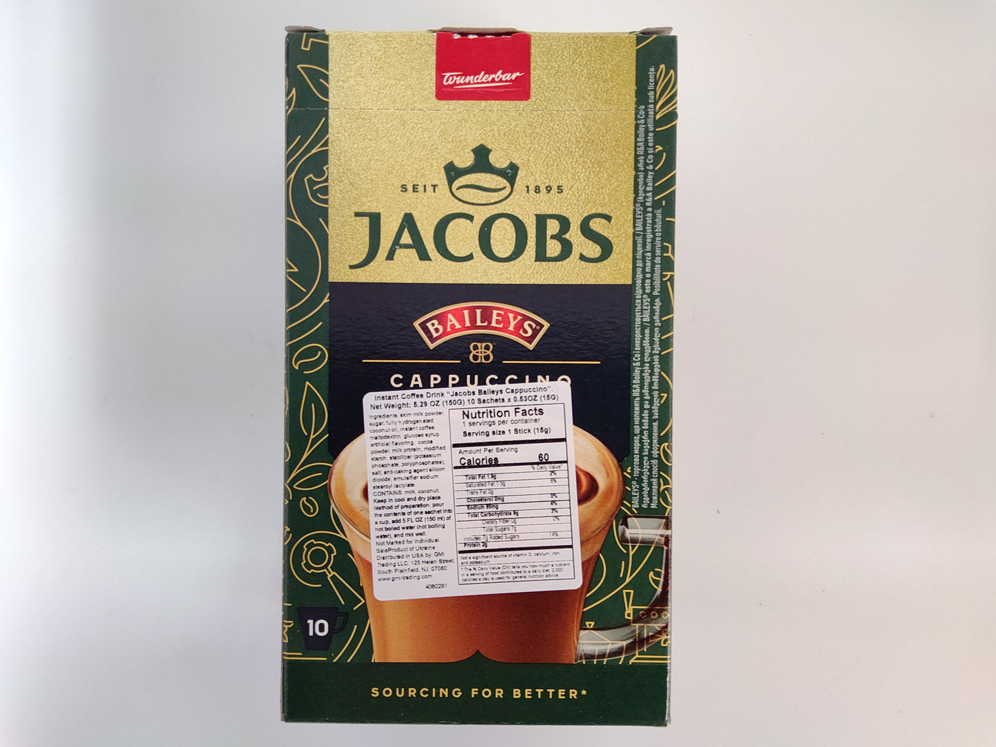 Jacobs Wunderbar Baileys Cappuccino Instant Coffee Sticks, 5.29 oz (150 g)