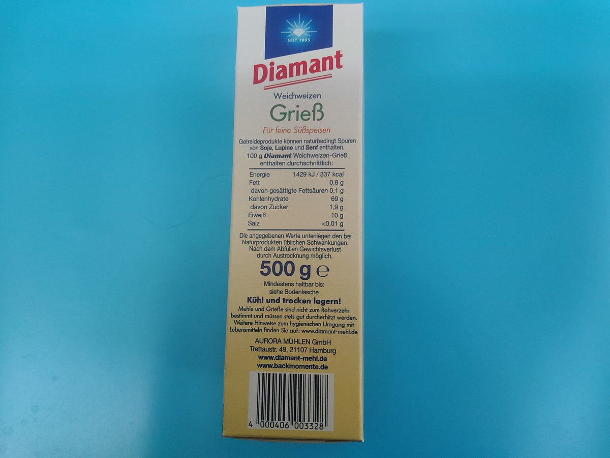 Diamant Semolina / Weichweizengrieß, 17.6 oz (500g) — back