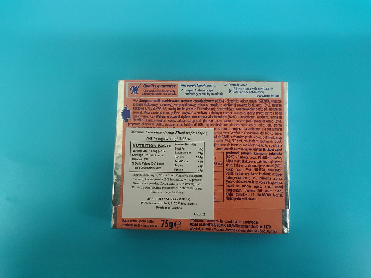 Manner Chocolate / Schokolade Wafers, 2.65 oz (75g) — back