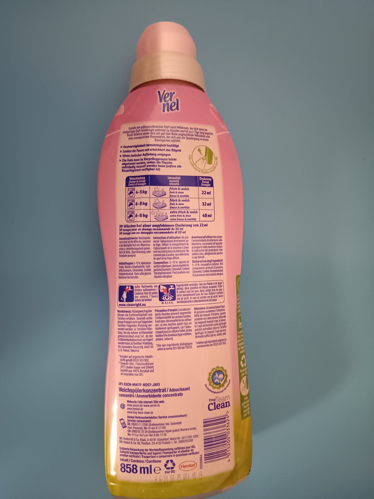 Vernel Wild Rose Fabric Softener, 858 ml (39 washes) — back
