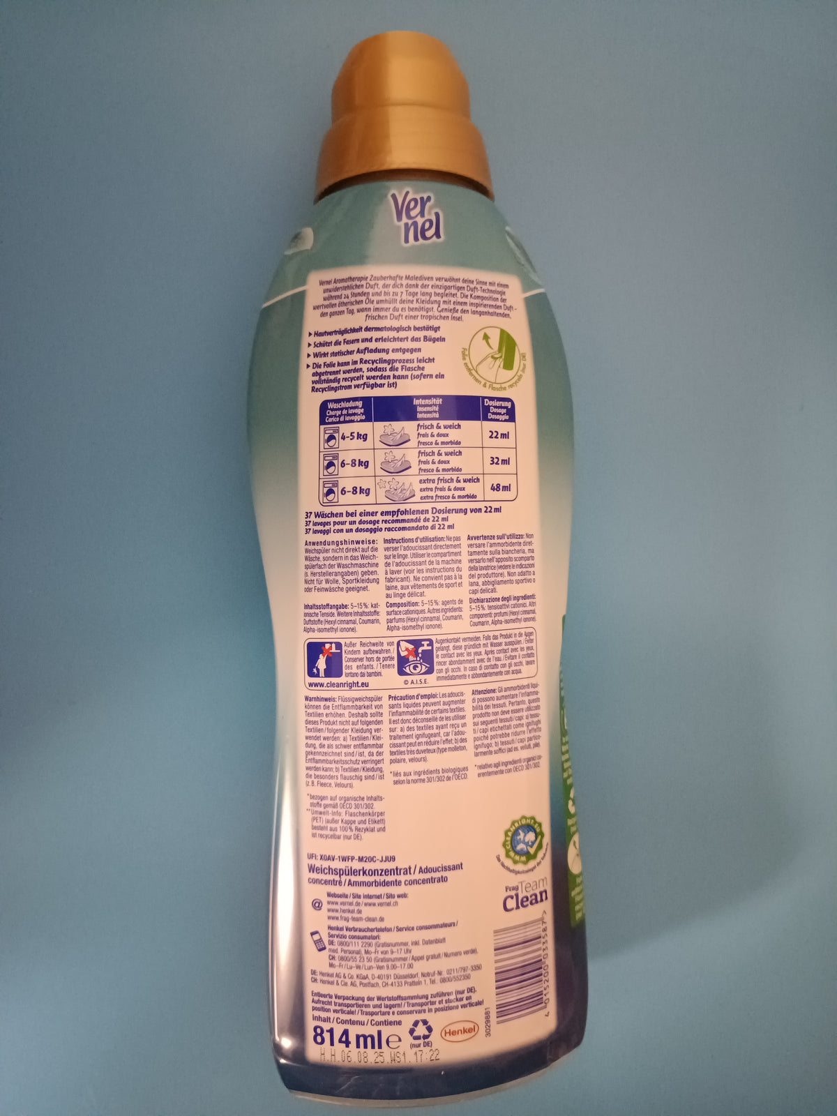 Vernel Aromatherapy Magical Maldives Fabric Softener, 814 ml (37 washes) — back