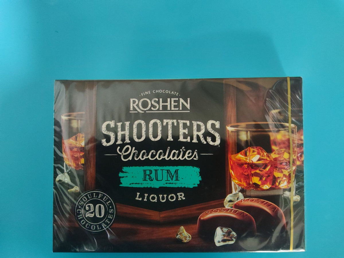 Roshen Shooters Rum Liquor Chocolates, 20 Pieces, 5.3 oz (150g) — front of box