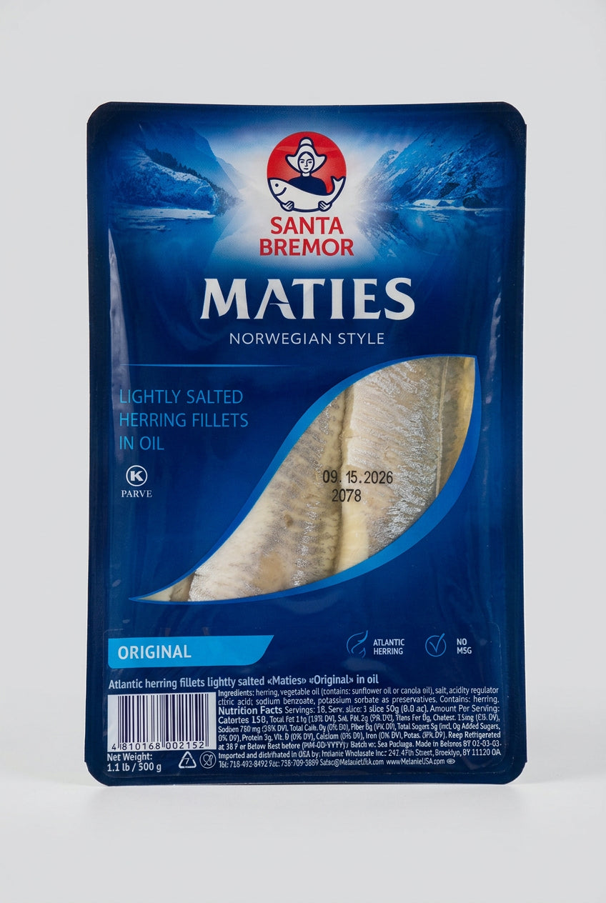 Santa Bremor Maties Norwegian Style Lightly Salted Herring Fillets in Oil, 1.1 lb (500g)