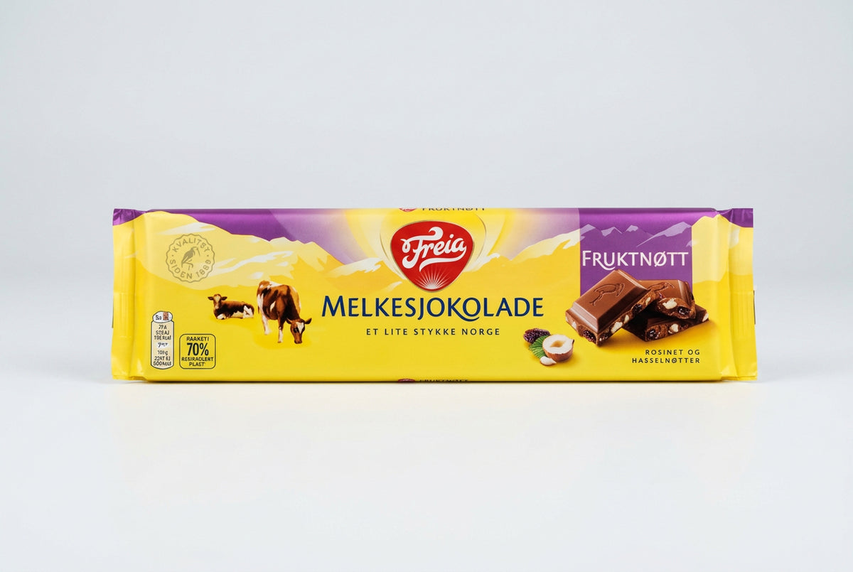 Freia Frukt og Nøtt Milk Chocolate with Raisins and Hazelnuts, 7.05 oz (200g)