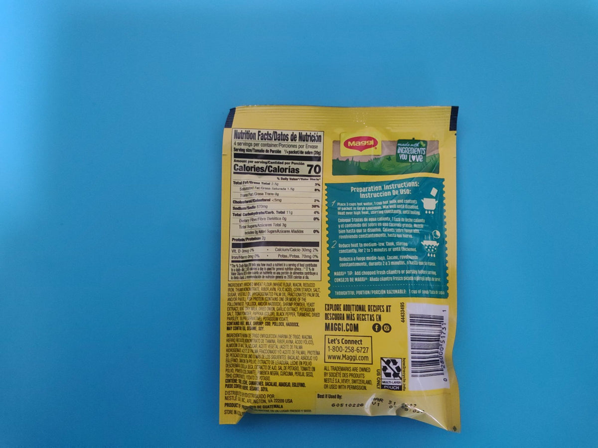 Maggi Creamy Seafood Soup Mix, 2.82 oz (80g) — back of packet with ingredients and allergens