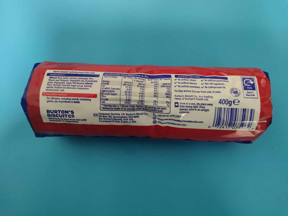 Lyons' Digestives Wholemeal Biscuits, 14.1 oz (400g) — back of pack with ingredients and nutrition