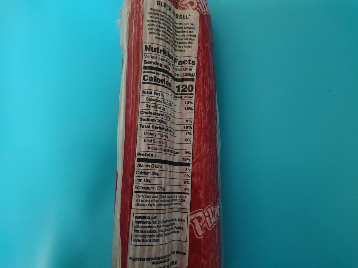 Black Kassel D'Amour Dry Aged Salami — nutrition panel and ingredients