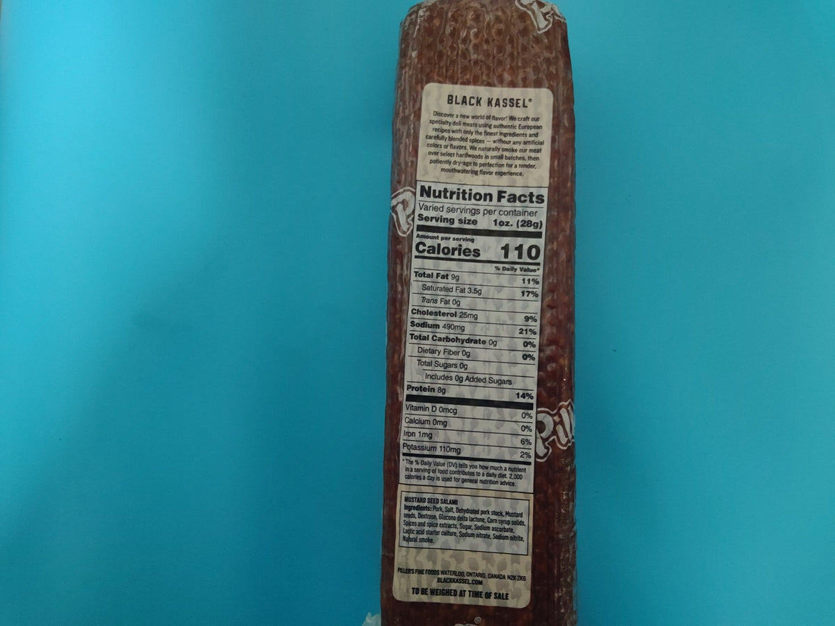 Black Kassel Mustard Seed Dry Aged Salami — nutrition panel and ingredients