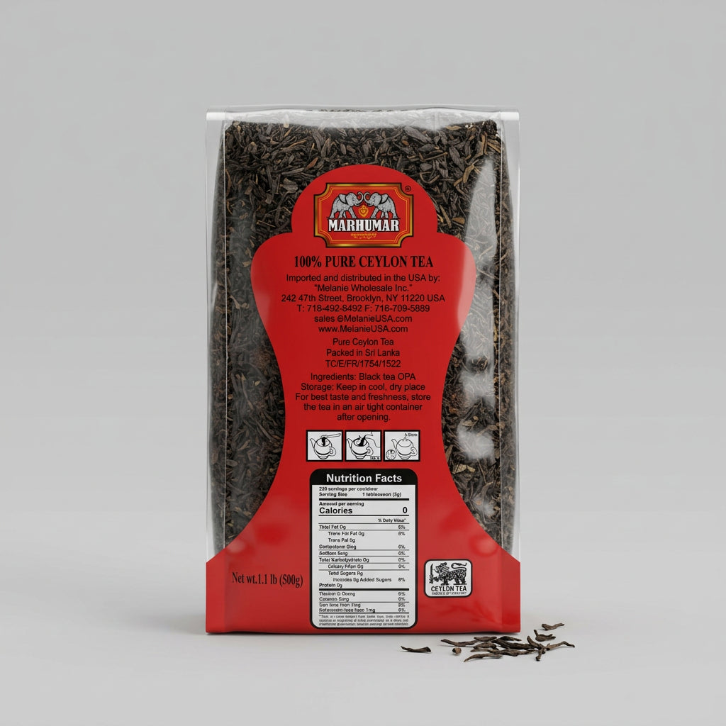 Marhumar 100% Pure Ceylon Large Leaf Black Tea, 1.1 lb (500g) — ingredients, brewing guide and nutrition panel