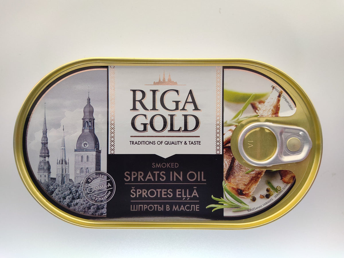 Riga Gold Smoked Sprats in Oil, Oval Tin, 8.8 oz (250g) — front of tin