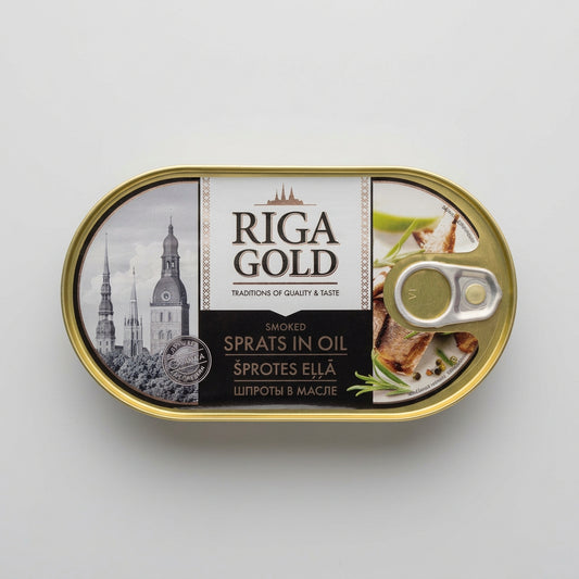 Riga Gold Smoked Sprats in Oil, Oval Tin, 8.8 oz (250g) — front of tin