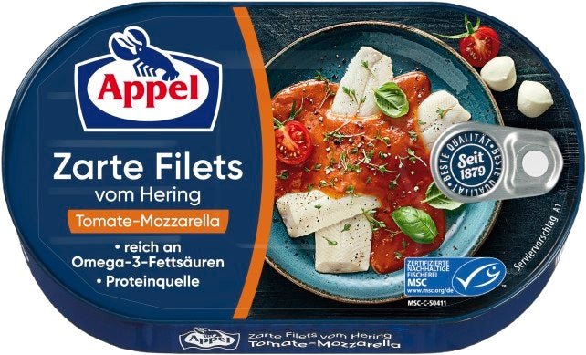 Appel Herring Fillets / Heringsfilet in Tomato & Mozzarella, 7.05 oz (200g)