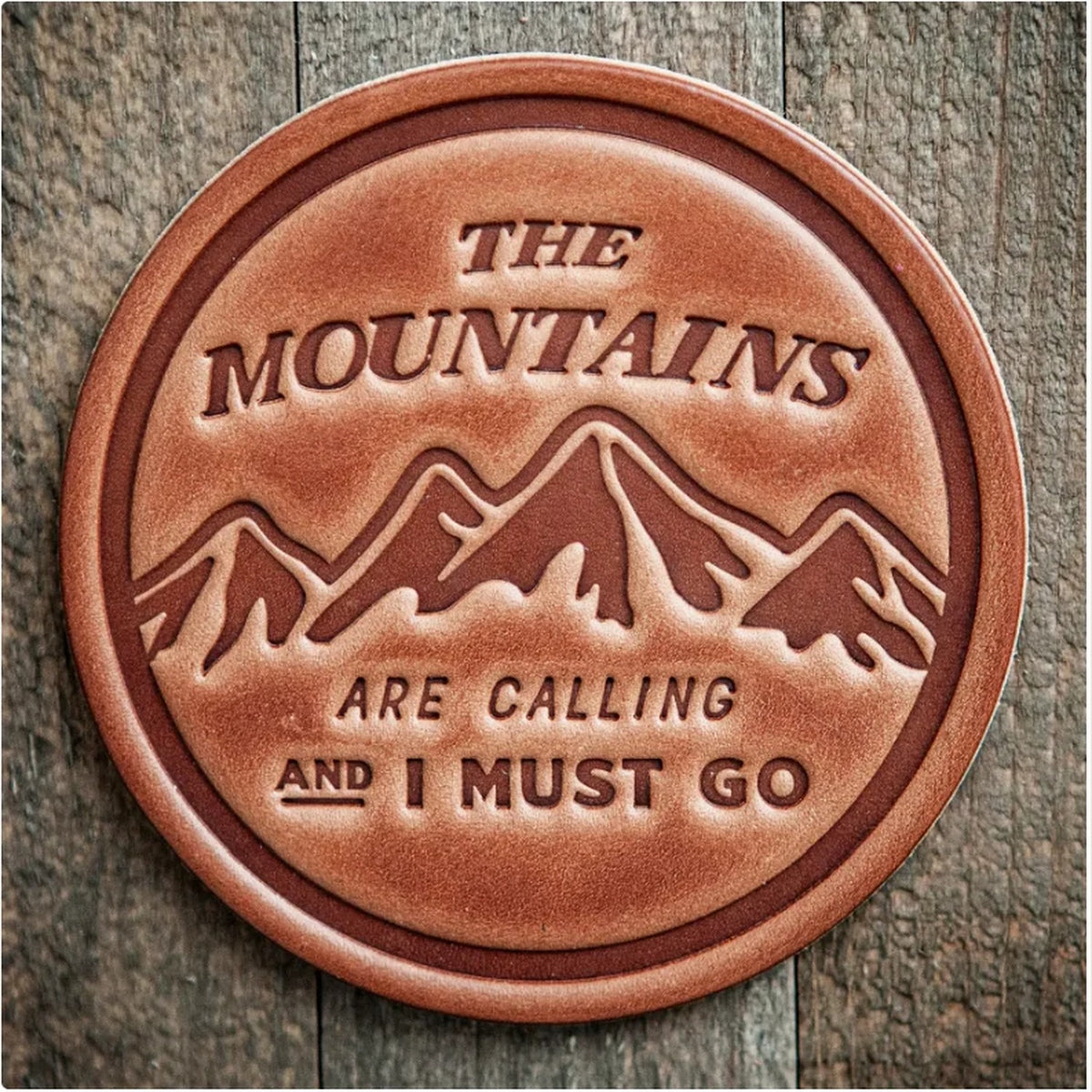 Sugarhouse Leather Coaster — The Mountains Are Calling, Handmade in USA — coaster-mountains-1