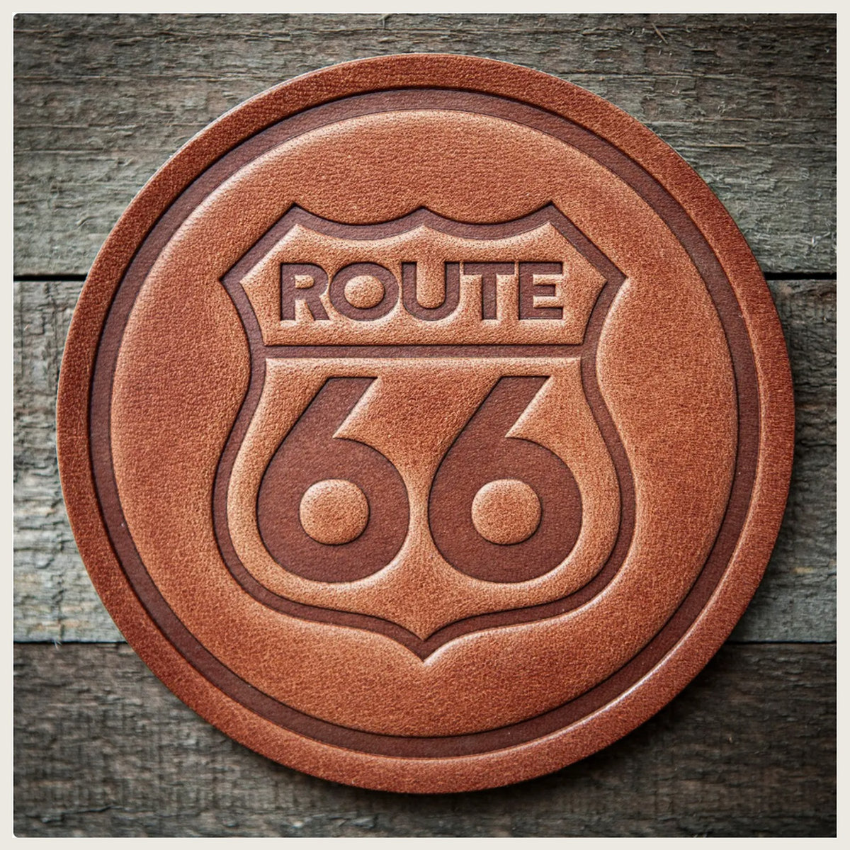 Handmade Leather Coaster — Route 66, Made in USA — coaster-route66
