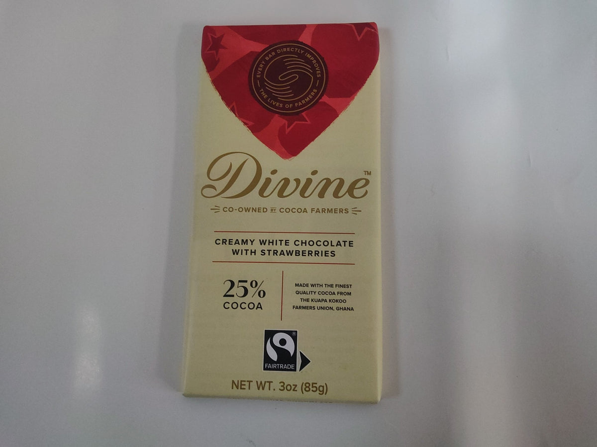Divine Creamy White Chocolate with Strawberries, 25% cocoa, 3 oz bar, front
