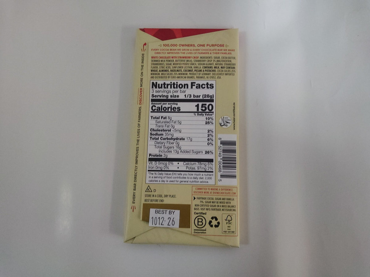 Divine Creamy White Chocolate with Strawberries, back: ingredients, allergens and nutrition facts
