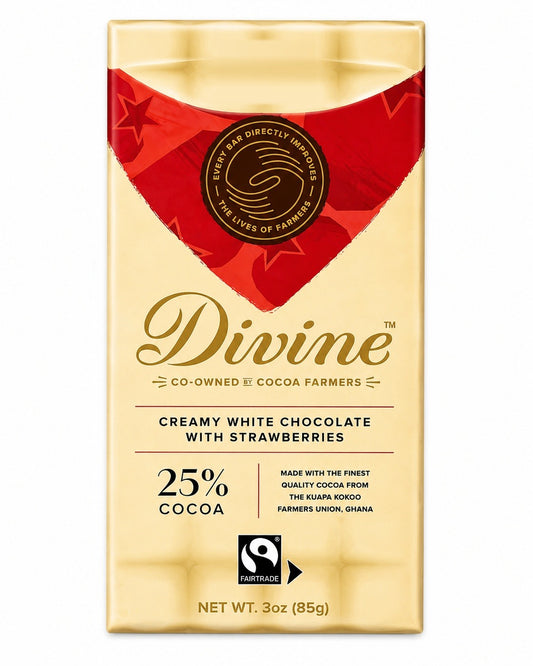 Divine Creamy White Chocolate with Strawberries, 25% cocoa, 3 oz bar