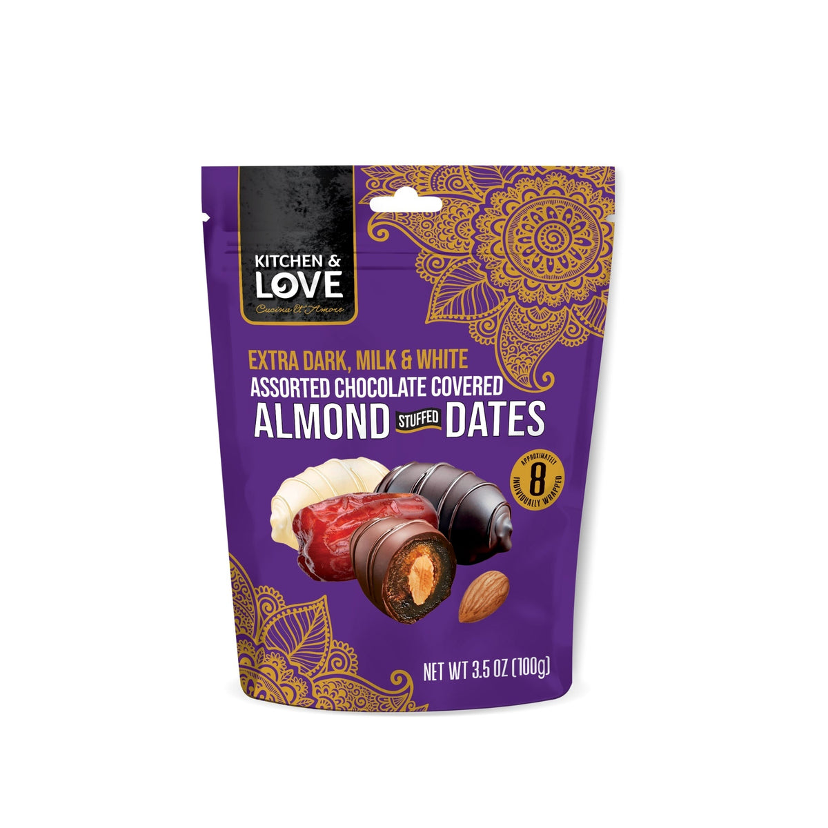 Kitchen & Love Assorted Milk / dark / white Chocolate Almond Stuffed Dates, 3.50 oz (99g)