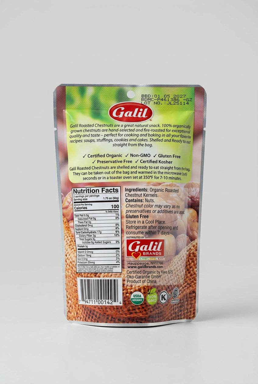Galil Organic Roasted Chestnuts Shelled, 3.53 oz (100g)