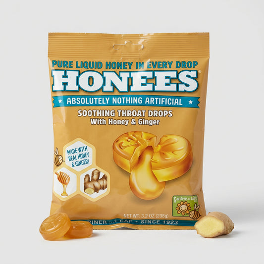 Honees Soothing Throat Drops with Honey & Ginger — front