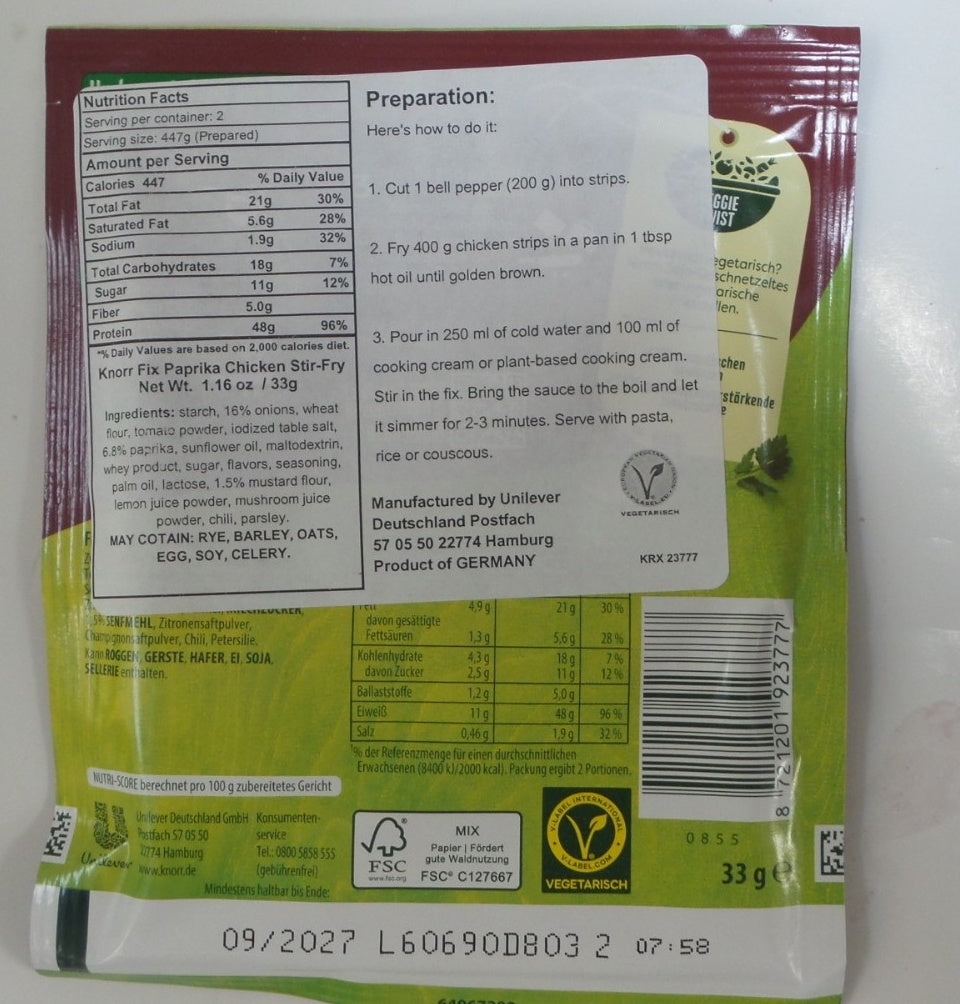 Knorr Fix Paprika Chicken / Paprika-Hähnchenpfanne / Stir Fry Chicken with Peppers, 1.16 oz (33g)