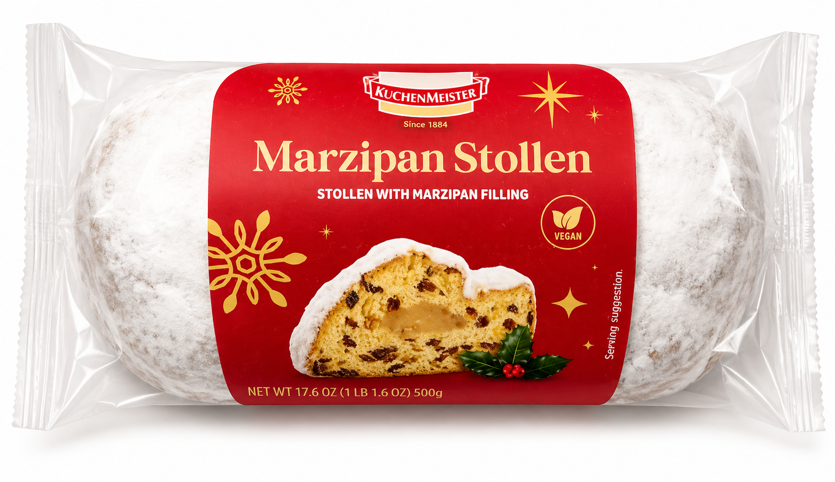 KuchenMeister Marzipan Stollen – 500g (Marzipan Filling)
