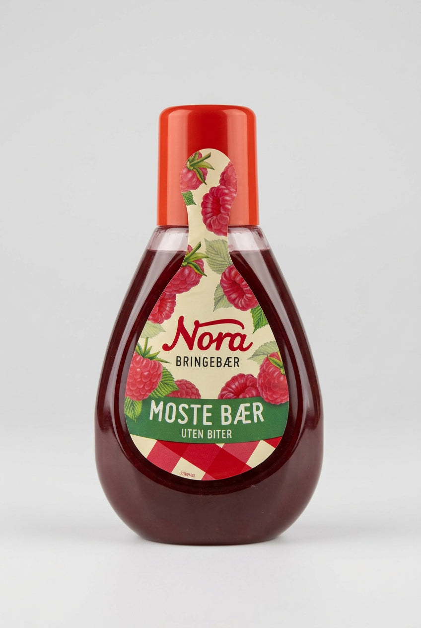 Nora Bringebaer raspberry jam squeeze bottle, front
